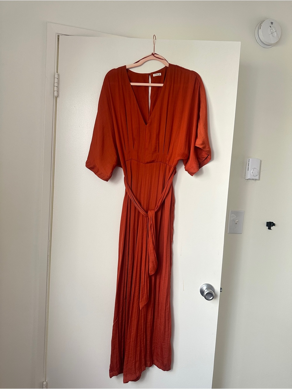Orangey V-Neck Jumpsuit with Self-Tie Waist